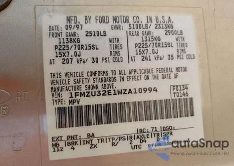 1998 Ford Explorer Eddie Bauer/Limited/Xl/Xlt из США, поврежденный, VIN 1FMZU32E1WZA10994